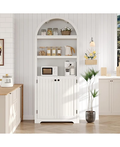 homfan 72" Tall Arched Storage Cabinet with Gold Handles, 5 Adjustable Shelves and Double Doors, Freestanding Pantry for Kitchen, Living Room
