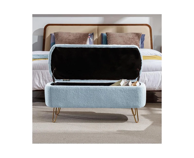 sumyeg Storage Ottoman Bench for End of Bed Gold Legs Modern Grey Faux Fur Entryway Upholstered Padded