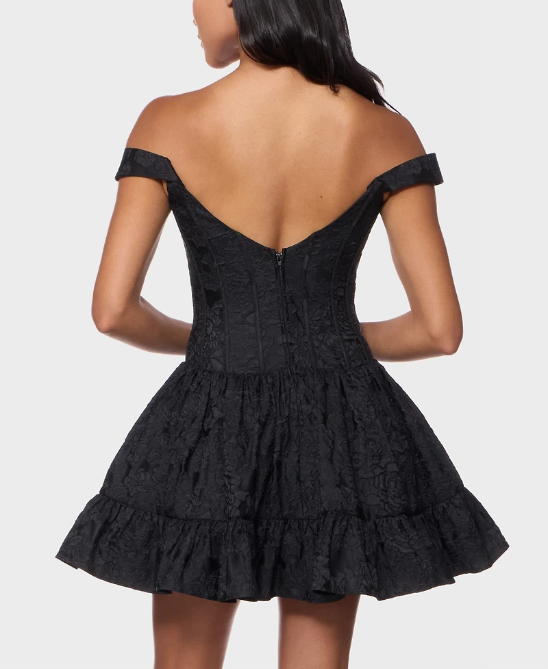Alex & Sophia Juniors' Off-The-Shoulder Corset Bodice Jacquard Dress