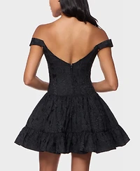 Alex & Sophia Juniors' Off-The-Shoulder Corset Bodice Jacquard Dress