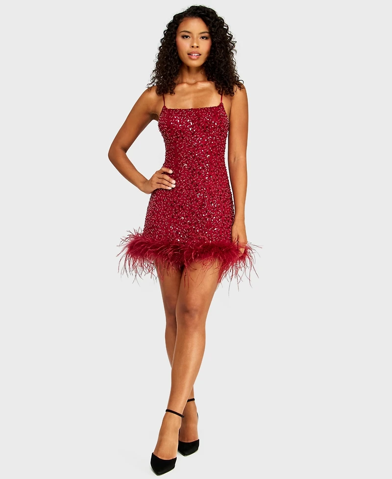 Alex & Sophia Juniors' Square Neck Bead Imitation Pearl Detail Sequin Dress