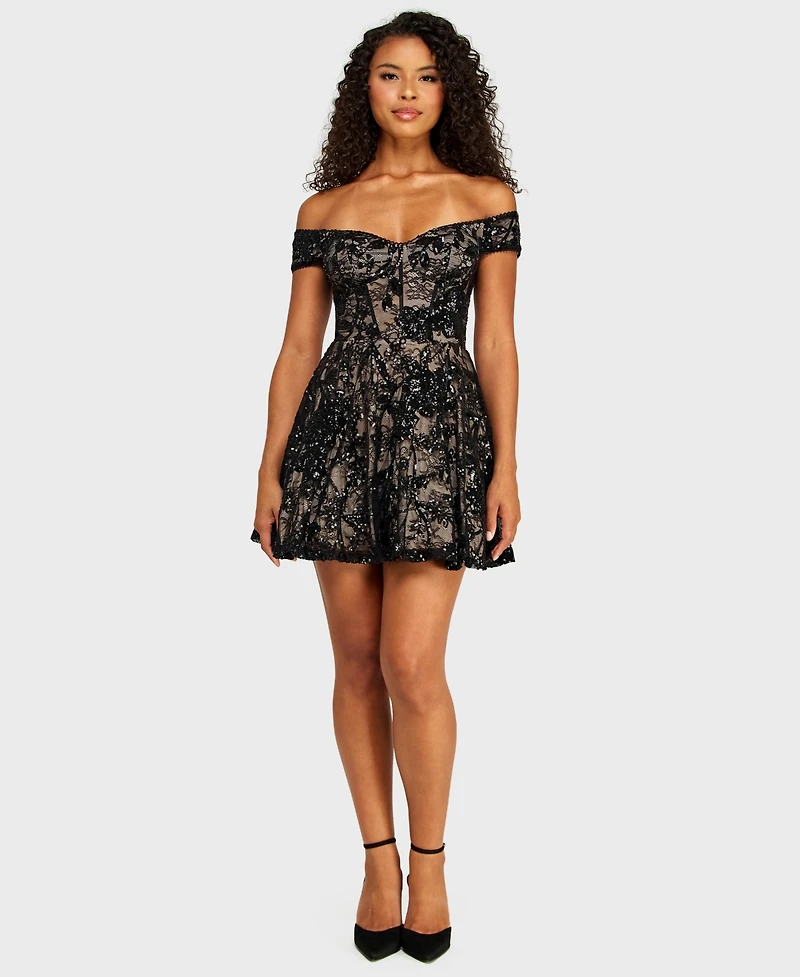 Alex & Sophia Juniors' Off-The-Shoulder Lace Sequin Dress