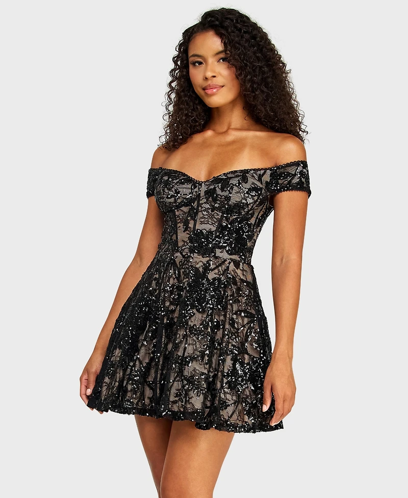 Alex & Sophia Juniors' Off-The-Shoulder Lace Sequin Dress