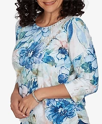 Alfred Dunner Women's Etched Florals Ruched Sides CrewneckTop