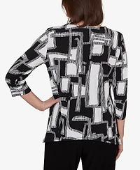Alfred Dunner Women's Geo Boxes Puff Printed Top with Necklace