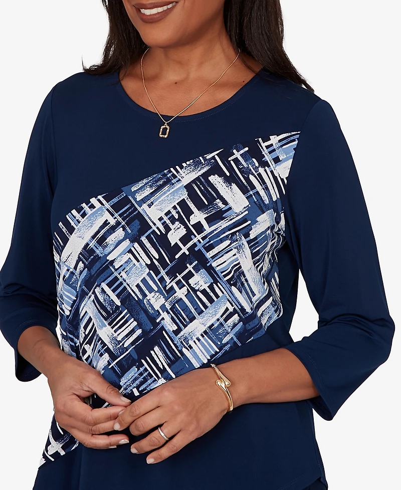 Alfred Dunner Women's Etched Plaid Diagonal Puff Printed Top