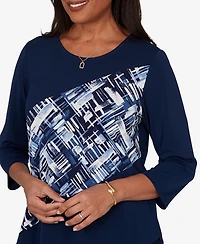 Alfred Dunner Women's Etched Plaid Diagonal Puff Printed Top