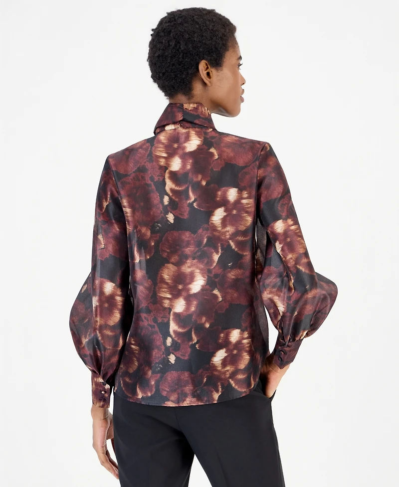 Anne Klein Women's Bow Neck Long Sleeve Floral Blouse