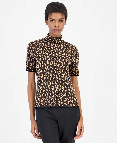 Anne Klein Women's Animal-Print Mock-Neck Short-Sleeve Sweater