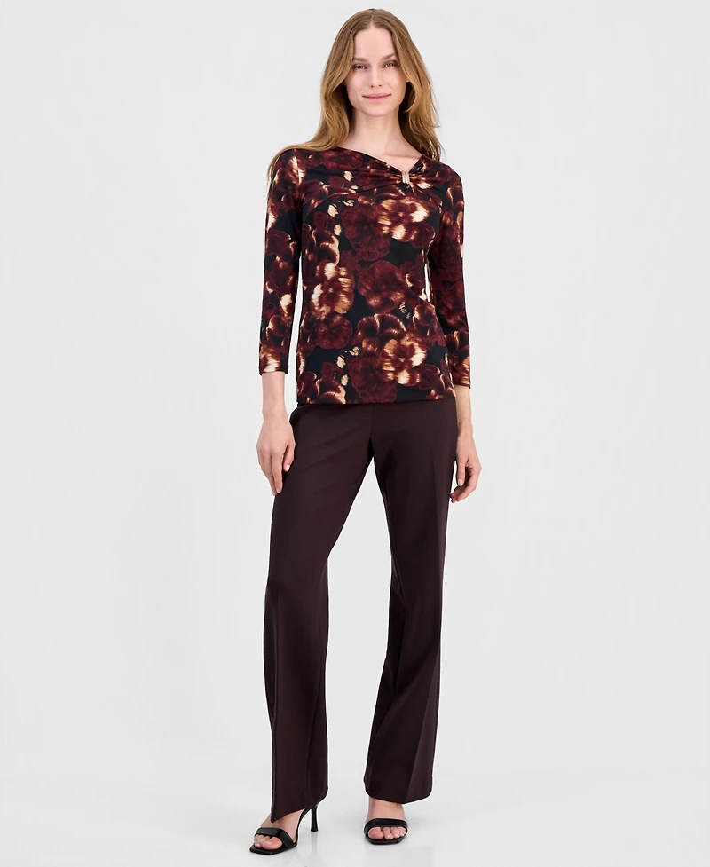 Anne Klein Women's Printed Asymmetric-Neck 3/4-Sleeve Top