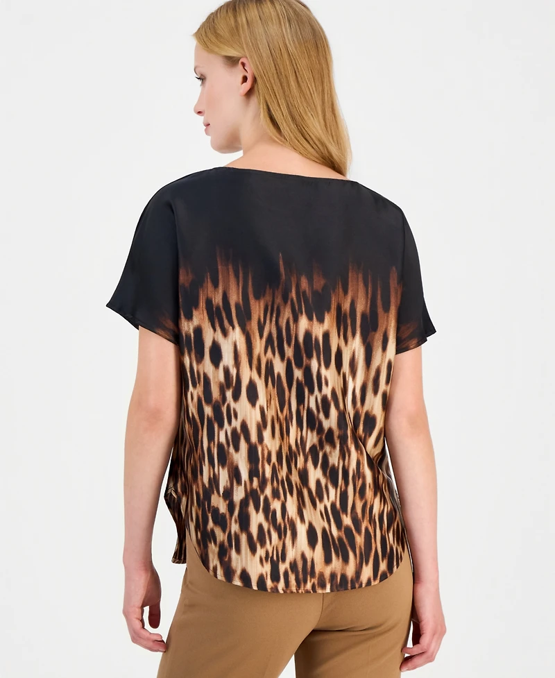 Anne Klein Petite Leopard-Print Bateau Neck Short-Sleeve Blouse