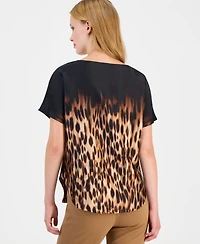 Anne Klein Petite Leopard-Print Bateau Neck Short-Sleeve Blouse