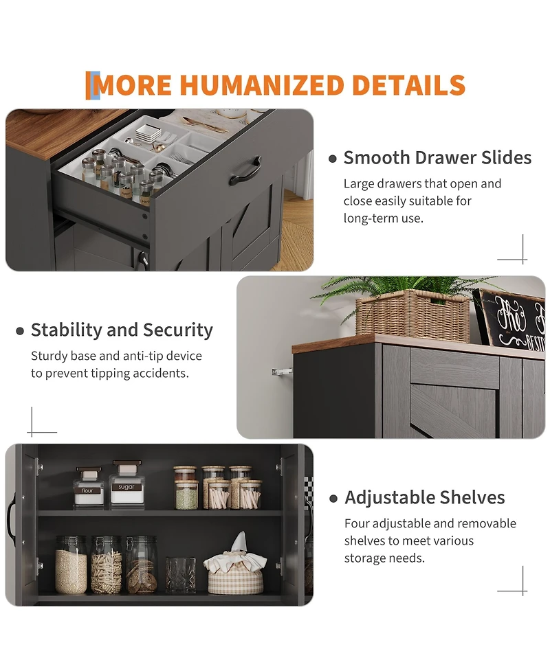 homfan 71 Inch Tall Farmhouse Kitchen Pantry Hutch with Charging Station, Microwave Surface and Two Drawers, Spacious Storage for Kitchen