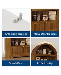 homfan 71 Inch Tall Arched Bookshelf, 6-Tier Freestanding Bookcase with Drawer and Display Shelves, Walnut Grain, Gold Handles, for Living Room