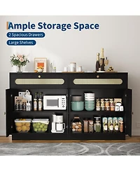 homfan 60 Inch Rattan Sideboard Cabinet with 2 Drawers and 4 Doors, Buffet Storage Adjustable Shelves for Dining Room, Living Room