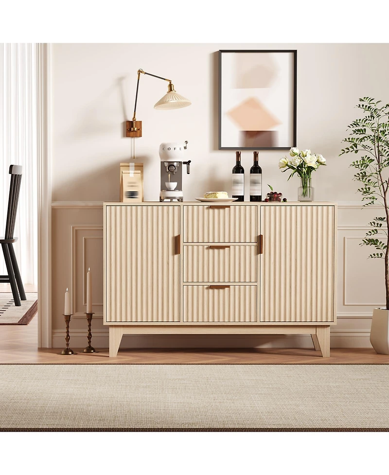 homfan Modern Fluted Sideboard Buffet Cabinet, 47 Inch Storage Cupboard with 3 Drawers, Adjustable Shelves, and Doors for Dining Room, Kitchen