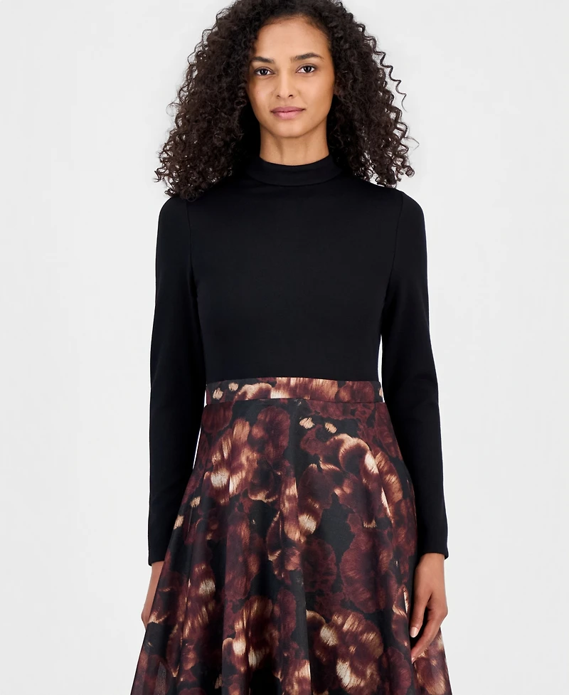 Anne Klein Women's Serenity Mock-Neck Long-Sleeve Floral-Print Dress
