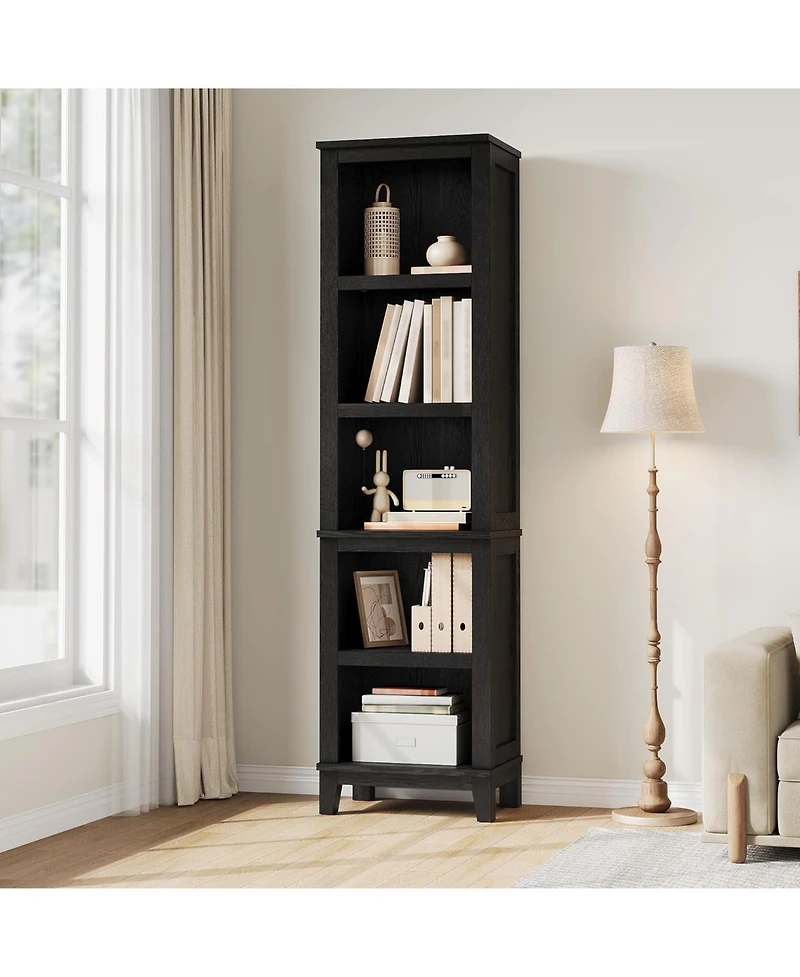 homfan 71 Inch Tall Bookshelf with Adjustable Shelves Narrow Bookcase Wooden Legs, Farmhouse Shelf for Living Room Office Apartment