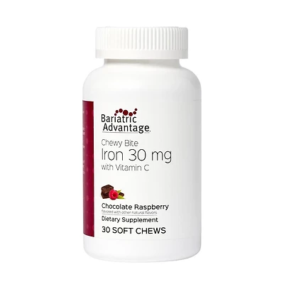 Bariatric Advantage Iron 30 mg Chewy Bite with Vitamin C - for Bariatric Patients - Sugar-Free - Chocolate Raspberry
