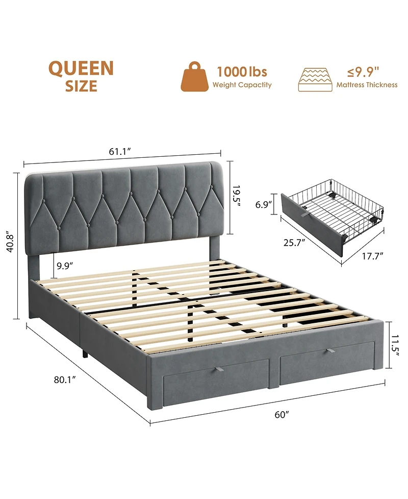 Bed Frame with 2 Drawers, Velvet Upholstered Platform Wooden Slats for Bedroom, No Box Spring Needed, Easy Assembly