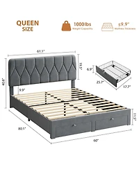 Bed Frame with 2 Drawers, Velvet Upholstered Platform Wooden Slats for Bedroom, No Box Spring Needed, Easy Assembly