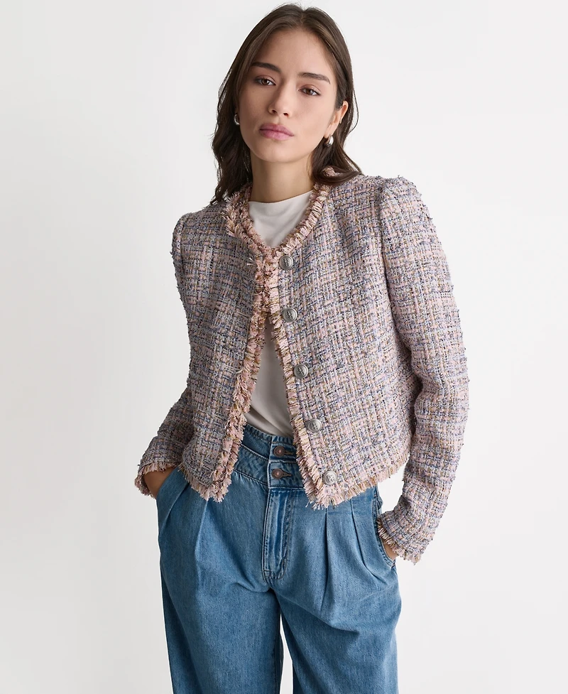 Bcbg Women's Crewneck Fringe Detail Tweed Jacket