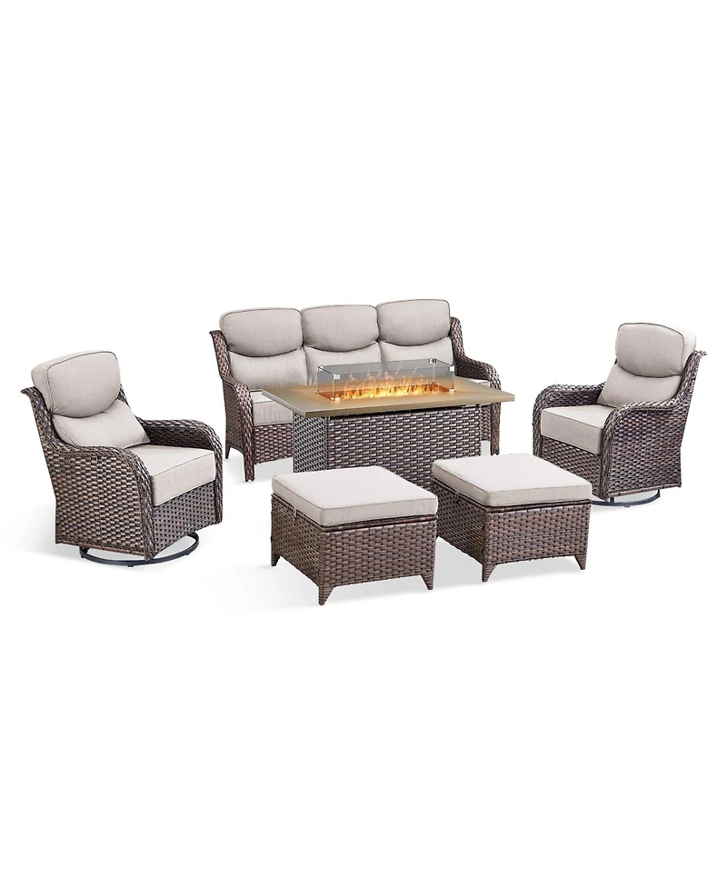 Pocassy Outdoor Patio Furniture Set 6Piece Wicker Conversation with Fire Pit, Swivel Chairs Sofa and Ottomans 6 Thick Cushion