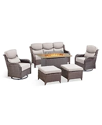 Pocassy Outdoor Patio Furniture Set 6Piece Wicker Conversation with Fire Pit, Swivel Chairs Sofa and Ottomans 6 Thick Cushion