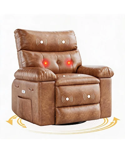 Oversized Pu Leather Rocking Recliner 360 degrees Swivel Electric with Heat and Massage Arms Back Single Sofa for Adults