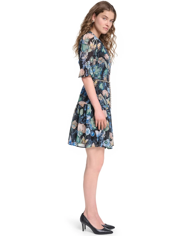Karl Lagerfeld Paris Petite Belted V-Neck Dress