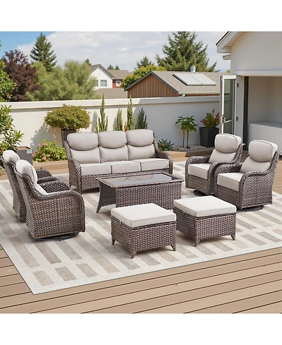 Pocassy 8 Piece Patio Furniture Sets with 3-Seat Sofa 4 Swivel Rocking Armchairs 2 Ottoman and Table Wicker Outdoor Conversation Set
