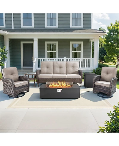 Pocassy 6-Piece Patio Furniture Set with Fire Pit Kit,Wicker Outdoor Swivel Rocker Chairs Sofa for Backyard,Poolside
