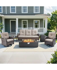 Pocassy 6-Piece Patio Furniture Set with Fire Pit Kit,Wicker Outdoor Swivel Rocker Chairs Sofa for Backyard,Poolside