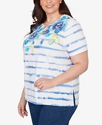 Alfred Dunner Plus Striped Floral Split Neck T-Shirt