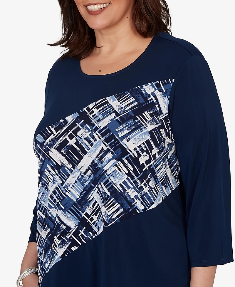 Alfred Dunner Plus Etched Plaid Diagonal Puff Printed Top