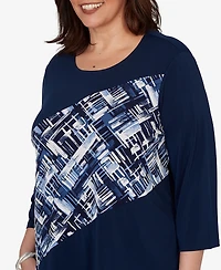 Alfred Dunner Plus Etched Plaid Diagonal Puff Printed Top