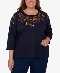 Alfred Dunner Plus Autumn Embroidered Navy Knit Top