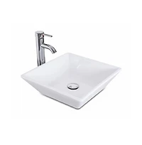 Busdays 16x16 Inch Square Ceramic Vessel Sink for Bathroom Vanity Beveled Porcelain with Faucet and Pop Up Drain