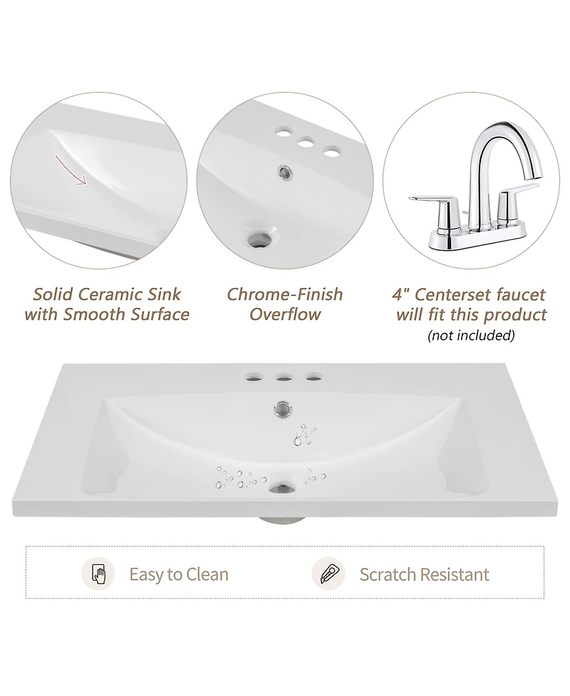 Busdays 30 Inch Ceramic Bathroom Vanity Top Basin Single Sink with 3 Pre Drilled Faucet Holes