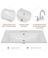 Busdays 30 Inch Ceramic Bathroom Vanity Top Basin Single Sink with 3 Pre Drilled Faucet Holes