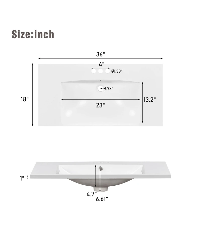 Busdays 36 x 18 Inch Rectangular 3 Hole Bathroom Resin Sink Vanity Top Only Fits 4 Inch Center Faucet No Cabinet No Faucet