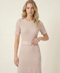 Modenaire Women's Ribbed Knit Belted Pleated Midi Dress