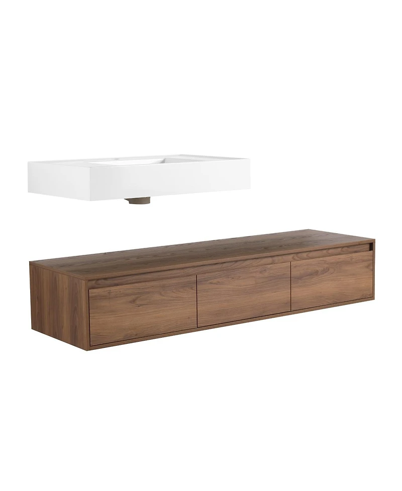 Sillysis 59 Inch Wall Mounted Bathroom Vanity Set with Resin Sink, Soft Close Drawers, Side Cabinet, Modern Floating Storage Solution