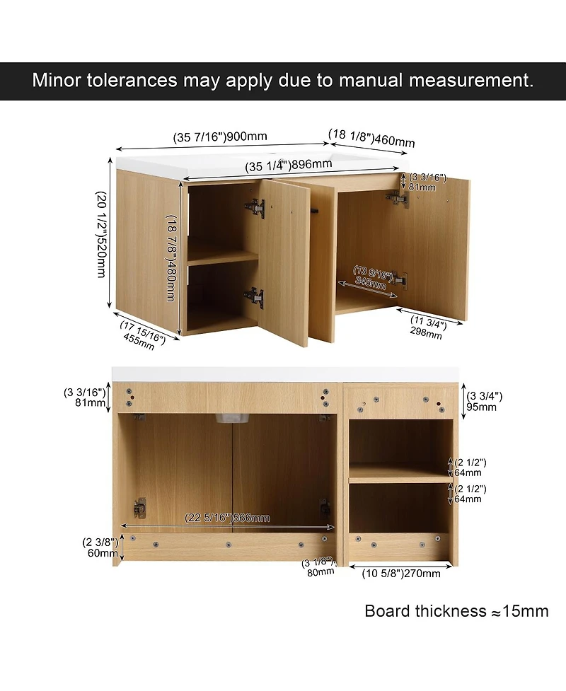 Sillysis 36 Inch Wall Mounted Bathroom Vanity with Resin Sink Top, Soft Close Doors, Space Saving Design for Modern Bathrooms