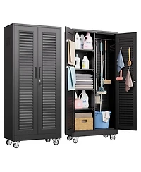 Boyel Living 71" Metal Broom Closet with Wheels, Lockable Cleaning Cabinet with Pegboard and Louvered Doors for Garage