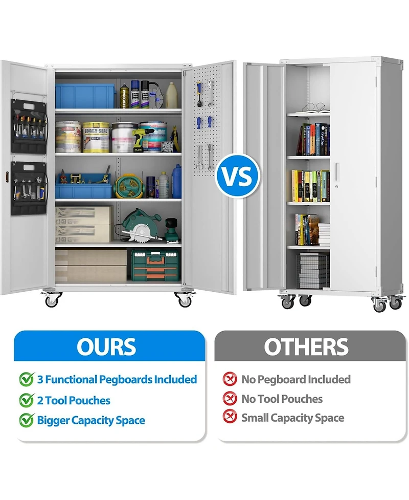 Boyel Living 72" Metal Garage Storage Cabinet with Wheels and Pegboard, Wide Rolling Tool Organizer with Doors