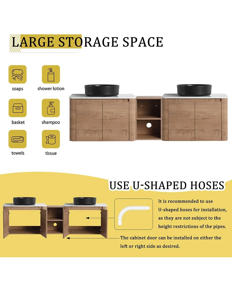 Sillysis 71 Inch Wall Mounted Double Bathroom Vanity with Stone Countertop, Ceramic Vessel Sinks
