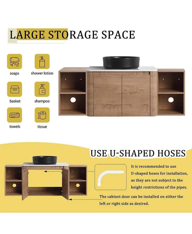 Sillysis 53 Inch Wall Mounted Bathroom Vanity with Ceramic Vessel Sink, Stone Top and Storage Shelves for Modern Bathrooms