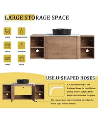 Sillysis 53 Inch Wall Mounted Bathroom Vanity with Ceramic Vessel Sink, Stone Top and Storage Shelves for Modern Bathrooms