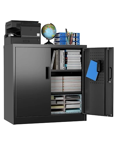 Boyel Living Metal Office Storage Cabinet with Pegboard, Lockable Filing Credenza with Adjustable Shelves for Home and Garage